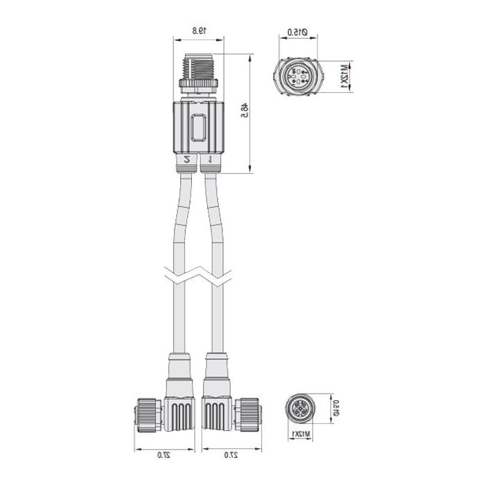 M12 4Pin公头/2M12 3Pin母头90°、带LED灯、IP 69K-ECOLAB、食品级、Y型预铸PUR柔性电缆、黑色护套、64E421-XXX